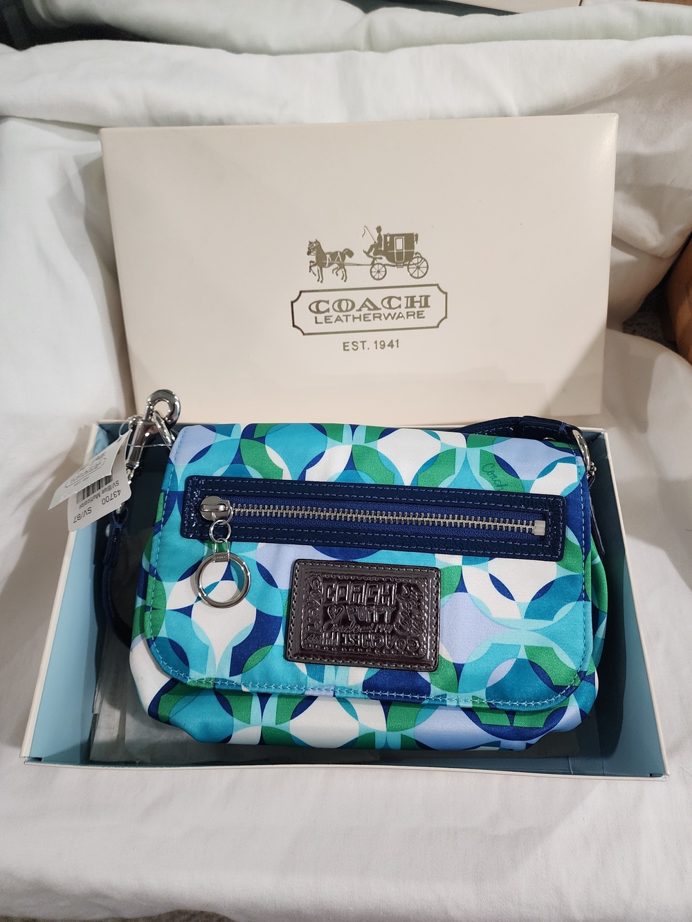 COACH Blue & Green Geo Print Purse with Navy Trim
